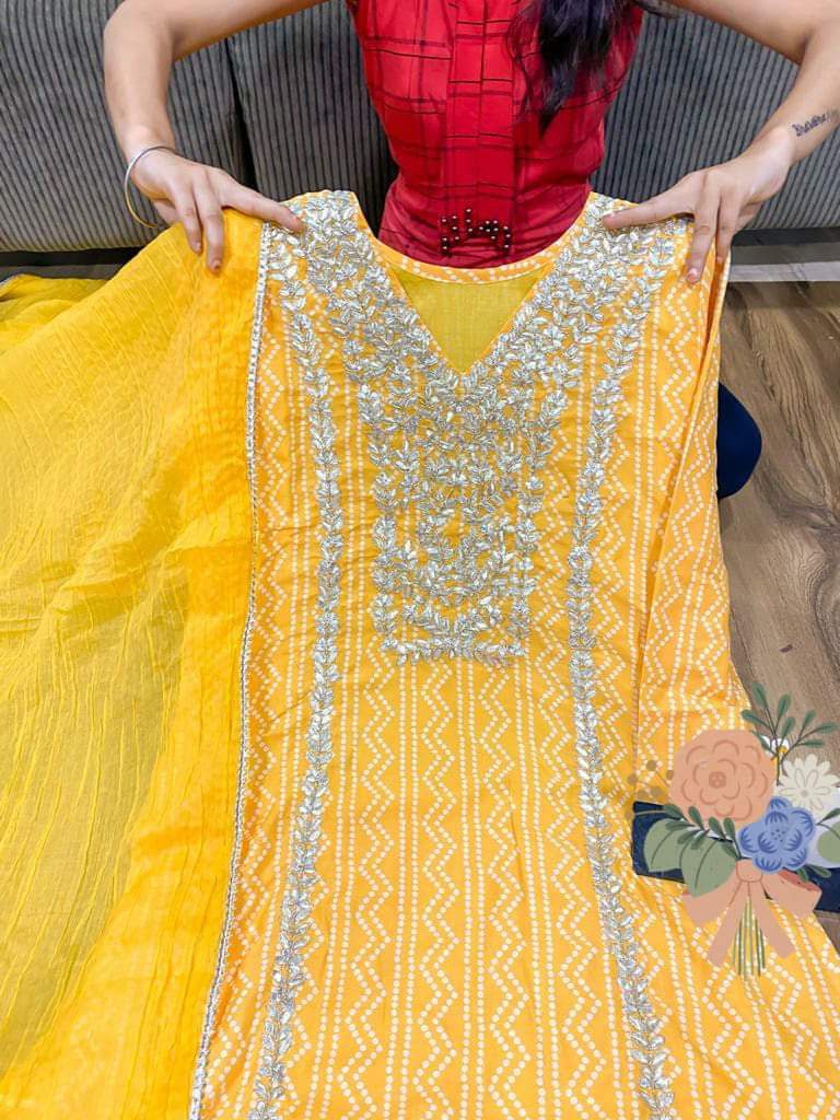 Premium maslin kurti with heavy gota work with attached cotton long gown with cotton duppata detailed with gota work