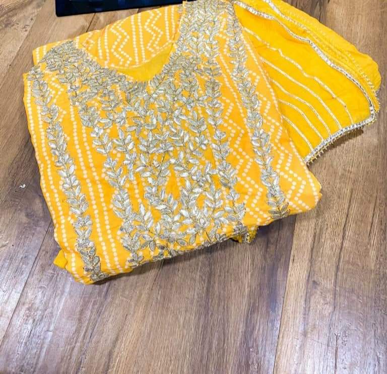 Premium maslin kurti with heavy gota work with attached cotton long gown with cotton duppata detailed with gota work