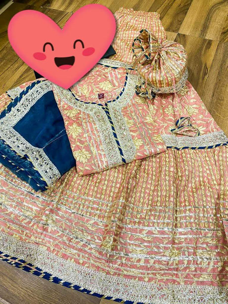 Premium cotton   kurti with  heavy gota detailing & lace on yoke Cotton dupatta with  lace & cotton print flare sharara with heavy gota lace   Complimentary bag (potli)