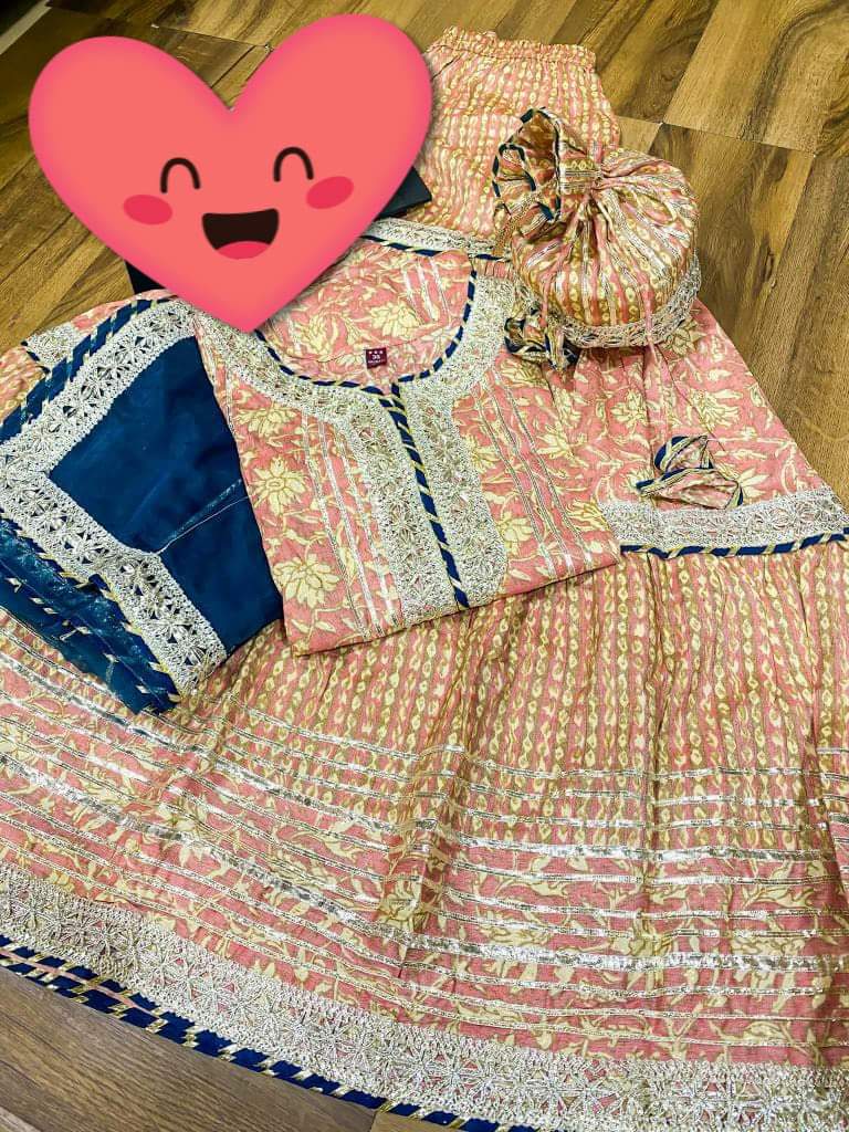 Premium cotton   kurti with  heavy gota detailing & lace on yoke Cotton dupatta with  lace & cotton print flare sharara with heavy gota lace   Complimentary bag (potli)