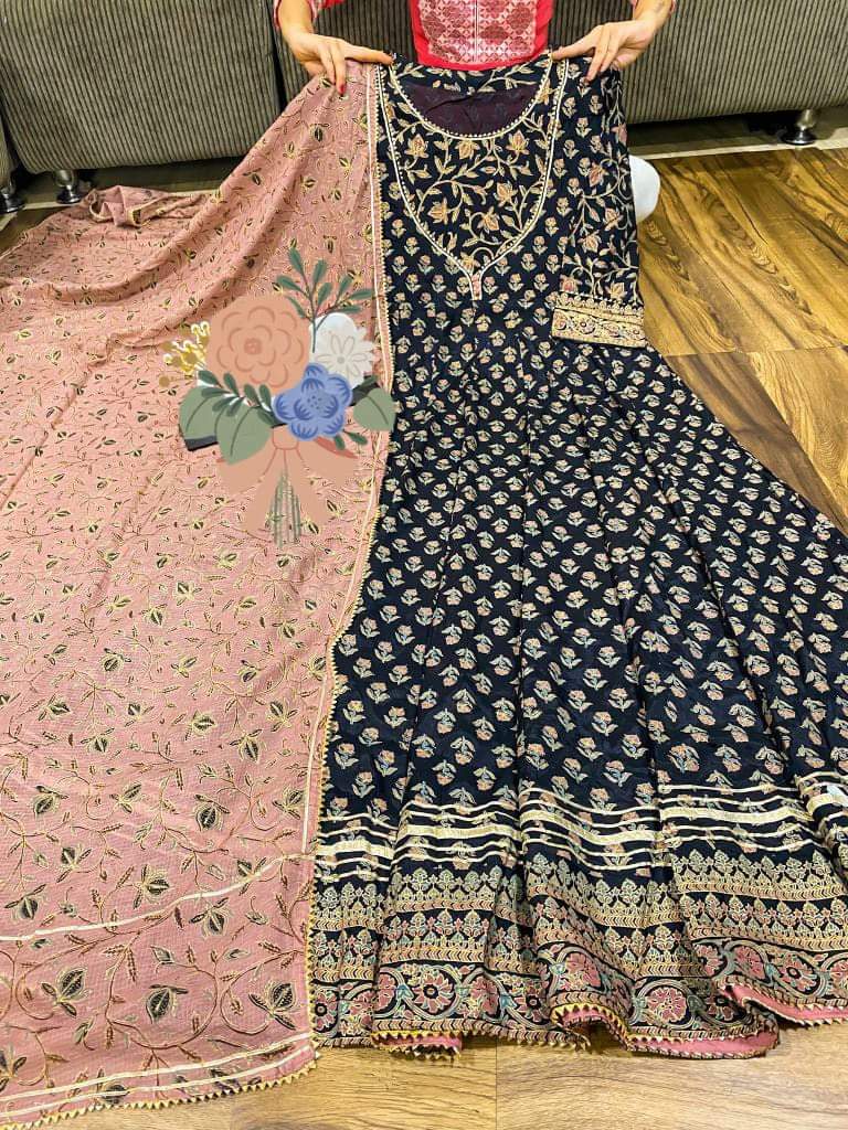 Premium maslin silk Anarkali gown  hand block print with liquid gold   gota detailing on yoke sleeve & flair With cotton doriya dupatta