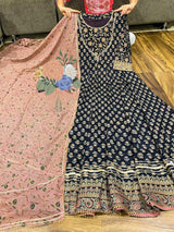 Premium maslin silk Anarkali gown  hand block print with liquid gold   gota detailing on yoke sleeve & flair With cotton doriya dupatta