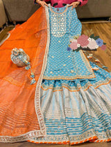 Premium cotton kurti with heavy gota detailing & lace on yoke  Kota silk  dupatta with  lace  & cotton print flare sharara with heavy gota lace   Complimentary bag ( potli)