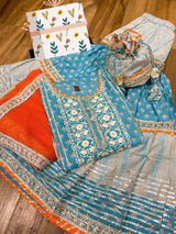 Premium cotton kurti with heavy gota detailing & lace on yoke  Kota silk  dupatta with  lace  & cotton print flare sharara with heavy gota lace   Complimentary bag ( potli)