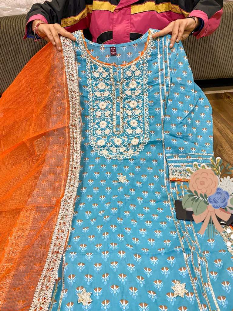 Premium cotton kurti with heavy gota detailing & lace on yoke  Kota silk  dupatta with  lace  & cotton print flare sharara with heavy gota lace   Complimentary bag ( potli)