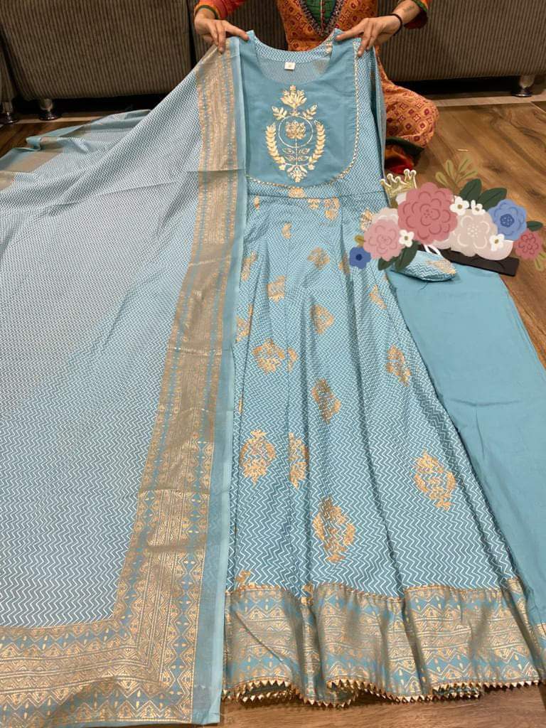 Premium cotton anarkali kurti with liquid zari print detailed with heavy gota work on yoke ..... Paired pant &  duppata with complimentary mask