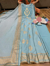 Premium cotton anarkali kurti with liquid zari print detailed with heavy gota work on yoke ..... Paired pant &  duppata with complimentary mask