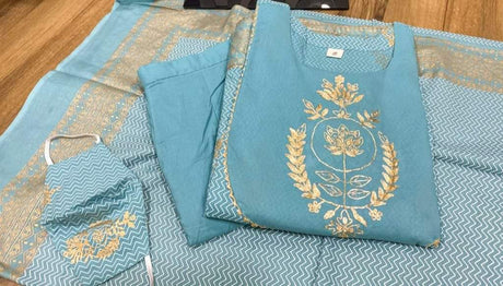 Premium cotton anarkali kurti with liquid zari print detailed with heavy gota work on yoke ..... Paired pant &  duppata with complimentary mask