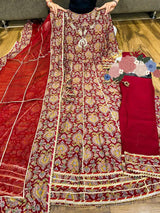 Premium cotton tire pattern long kurti with block print detailed with gota & crochet lace &  embroidery , chid & mirror work on yoke paired with pant & lehriya chiffon dupatta with lace