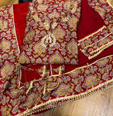 Premium cotton tire pattern long kurti with block print detailed with gota & crochet lace &  embroidery , chid & mirror work on yoke paired with pant & lehriya chiffon dupatta with lace