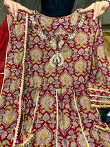 Premium cotton tire pattern long kurti with block print detailed with gota & crochet lace &  embroidery , chid & mirror work on yoke paired with pant & lehriya chiffon dupatta with lace