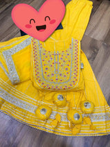 Premium cotton Lurex peplum detailed with beautiful zari embroidery & mirror work on yoke with heavy gota work & tassles .  💛❤️ Premium cotton Lurex sharara with heavy gota detailing   💛❤️ Premium chiffon dupatta with gota lace & gota flower