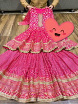 Premium cotton peplum & sharara detailed with gold liquid zari all over & hand work on yoke with heavy gota detailing all over paired with chiffon dupatta with gota detailing