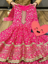 Premium cotton peplum & sharara detailed with gold liquid zari all over & hand work on yoke with heavy gota detailing all over paired with chiffon dupatta with gota detailing