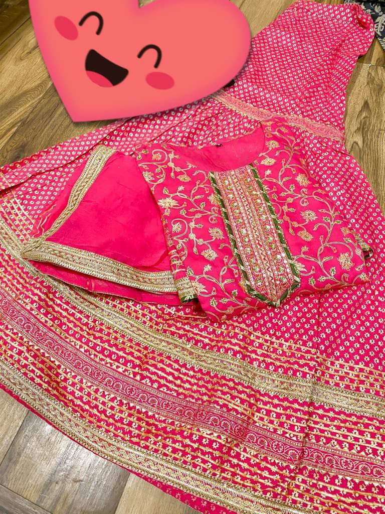 Premium cotton peplum & sharara detailed with gold liquid zari all over & hand work on yoke with heavy gota detailing all over paired with chiffon dupatta with gota detailing