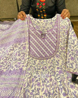 Premium kalamkari print corton anarkali gown detailed with beautiful mirror work & heavy gota work all over paired with cotton pant & mal cotton duppata .