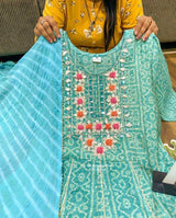 Premium cotton patola print anarkali gown with cotton pant & mal cotton duppata detailed with embroidery , mirror & tassels