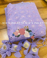 Premium malmal cotton anarkali flair gown with beautiful side tussels  Zari embroidery sequins & foil mirror work on yoke  Mul lining attached