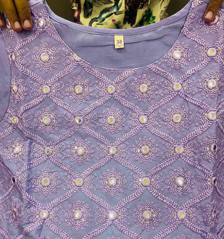 Premium malmal cotton anarkali flair gown with beautiful side tussels  Zari embroidery sequins & foil mirror work on yoke  Mul lining attached