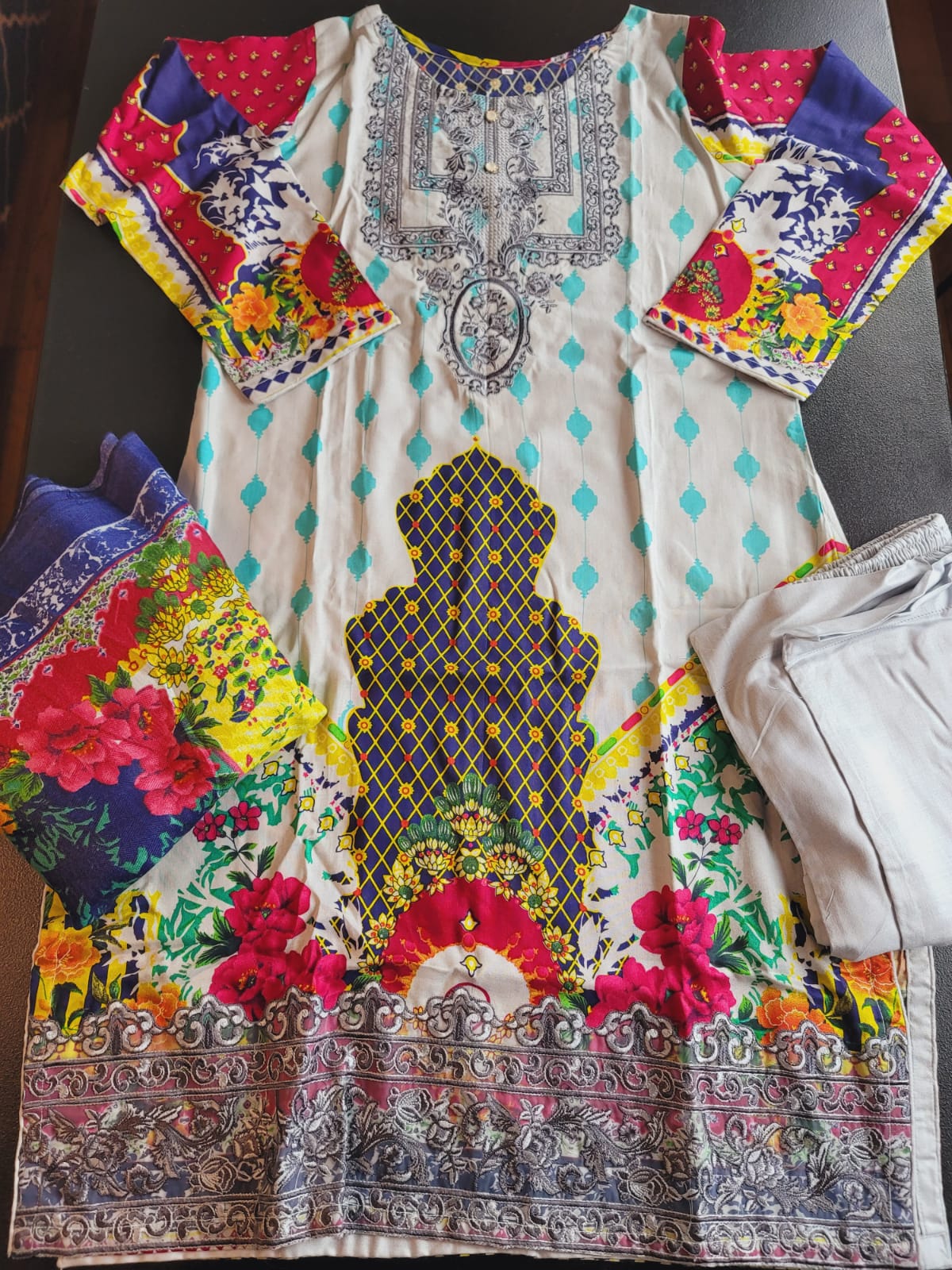 Pakistani Stitched Embroidery Linen Suit Ready To Ship