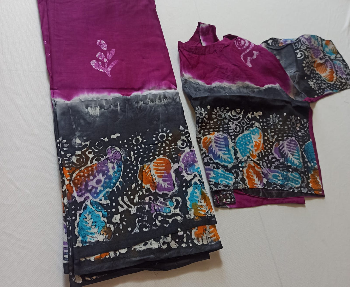 Raw Silk Batik Saree with stitched blouse