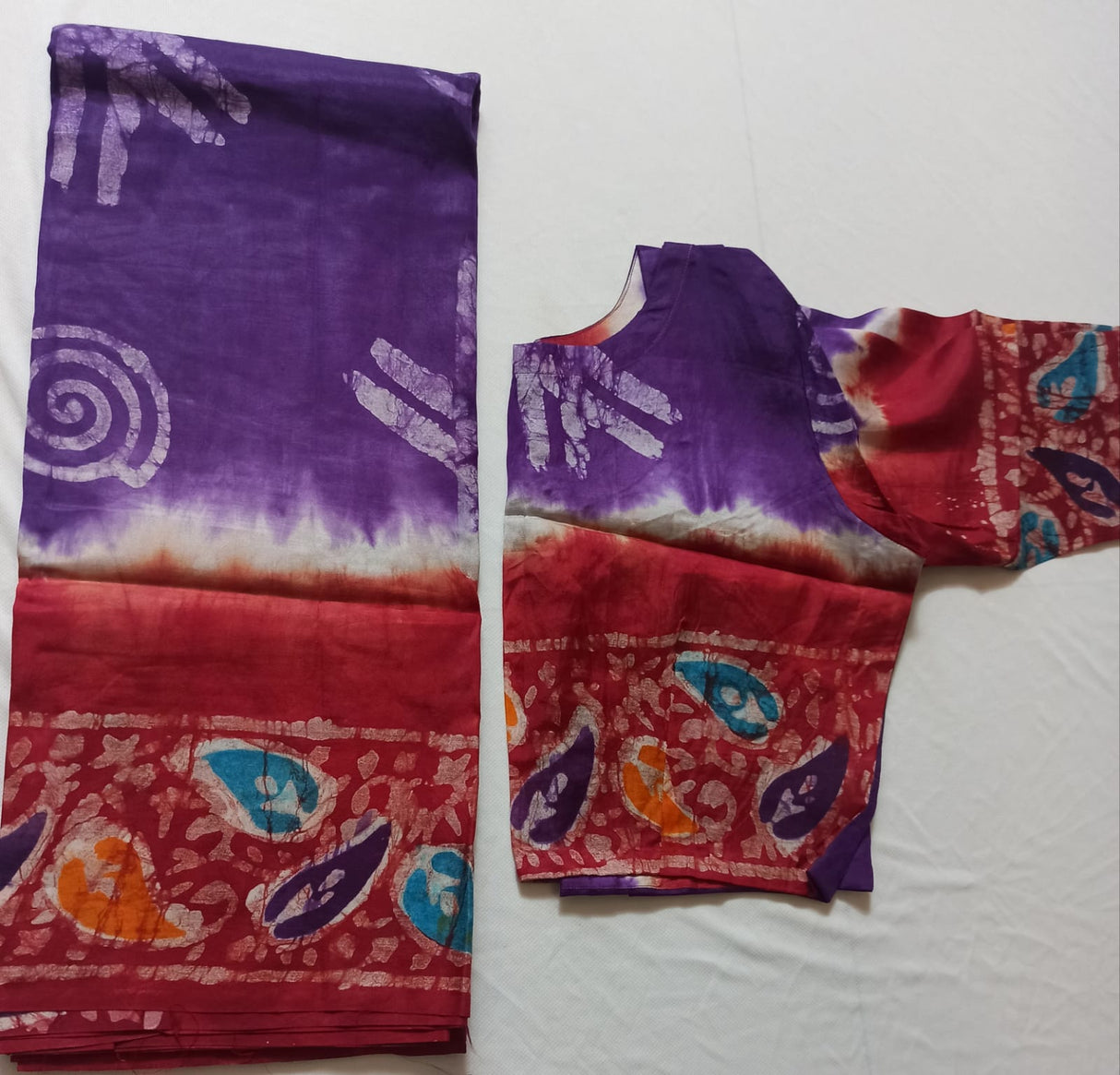 Raw Silk Batik Saree with stitched blouse