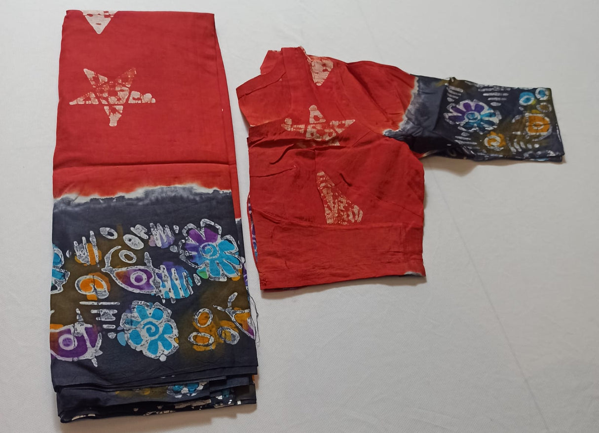Raw Silk Batik Saree with stitched blouse