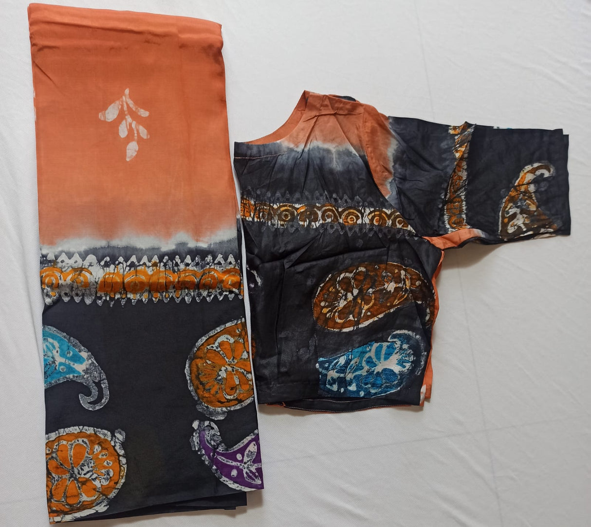 Raw Silk Batik Saree with stitched blouse