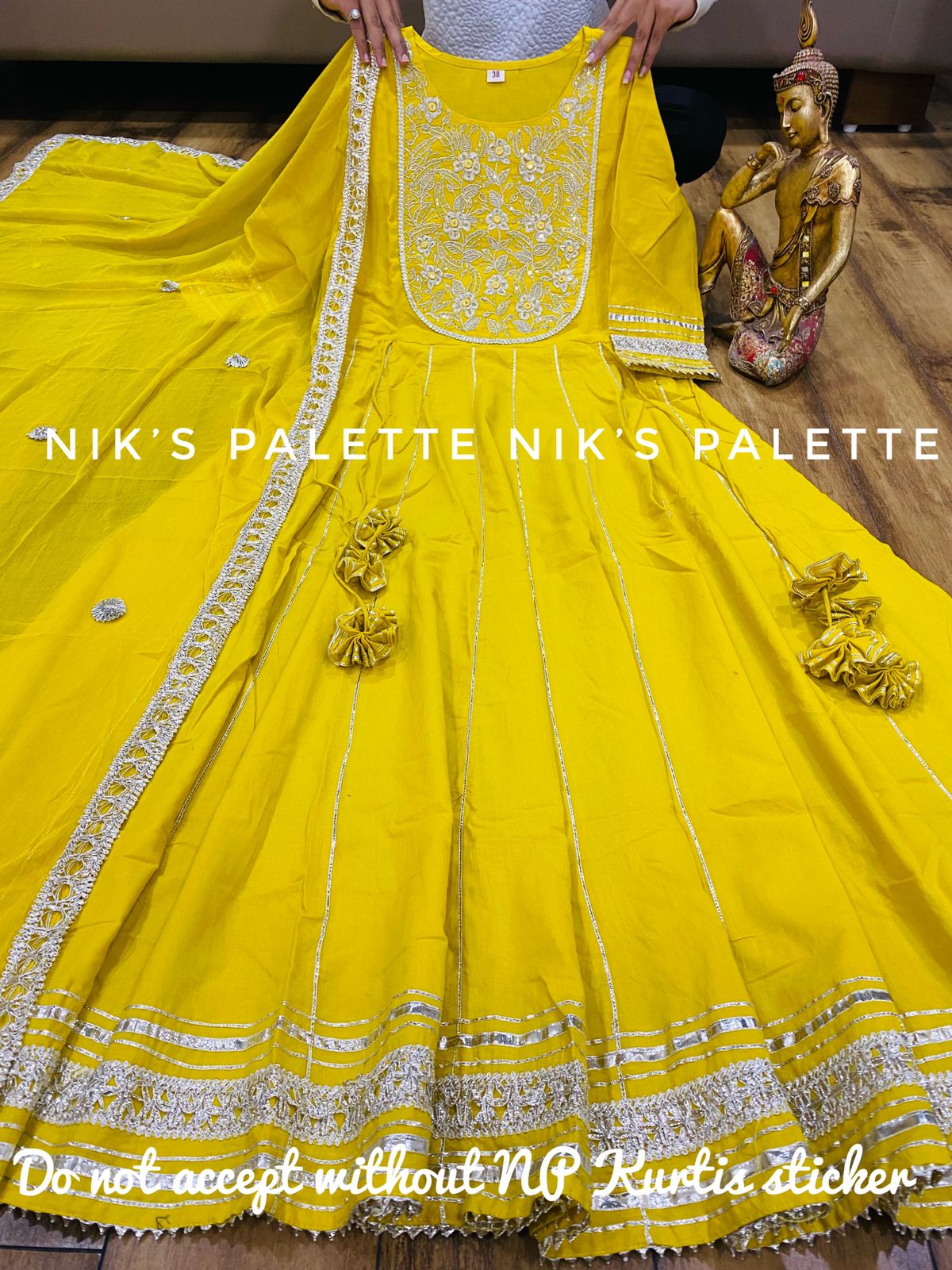 Premium cotton anarkali gown detailed with embroidery on yoke with gota work & heavy tassels  Chiffon dupatta with gota lace & all over gota buti