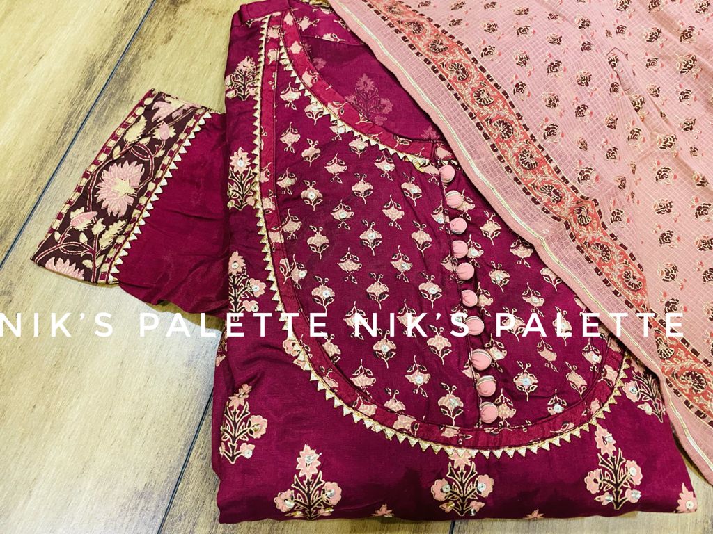 Premium maslin silk Anarkali gown  hand block print with liquid gold   gota detailing on yoke sleeve & flair With cotton doriya dupatta