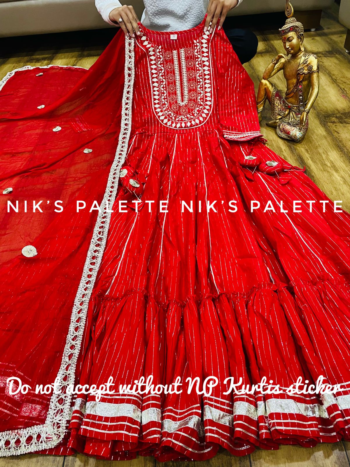 Premium *Lurex cotton* anarkali gown detailed with embroidery on yoke with gota work & heavy tassels  Chiffon dupatta with gota lace & all over gota buti..