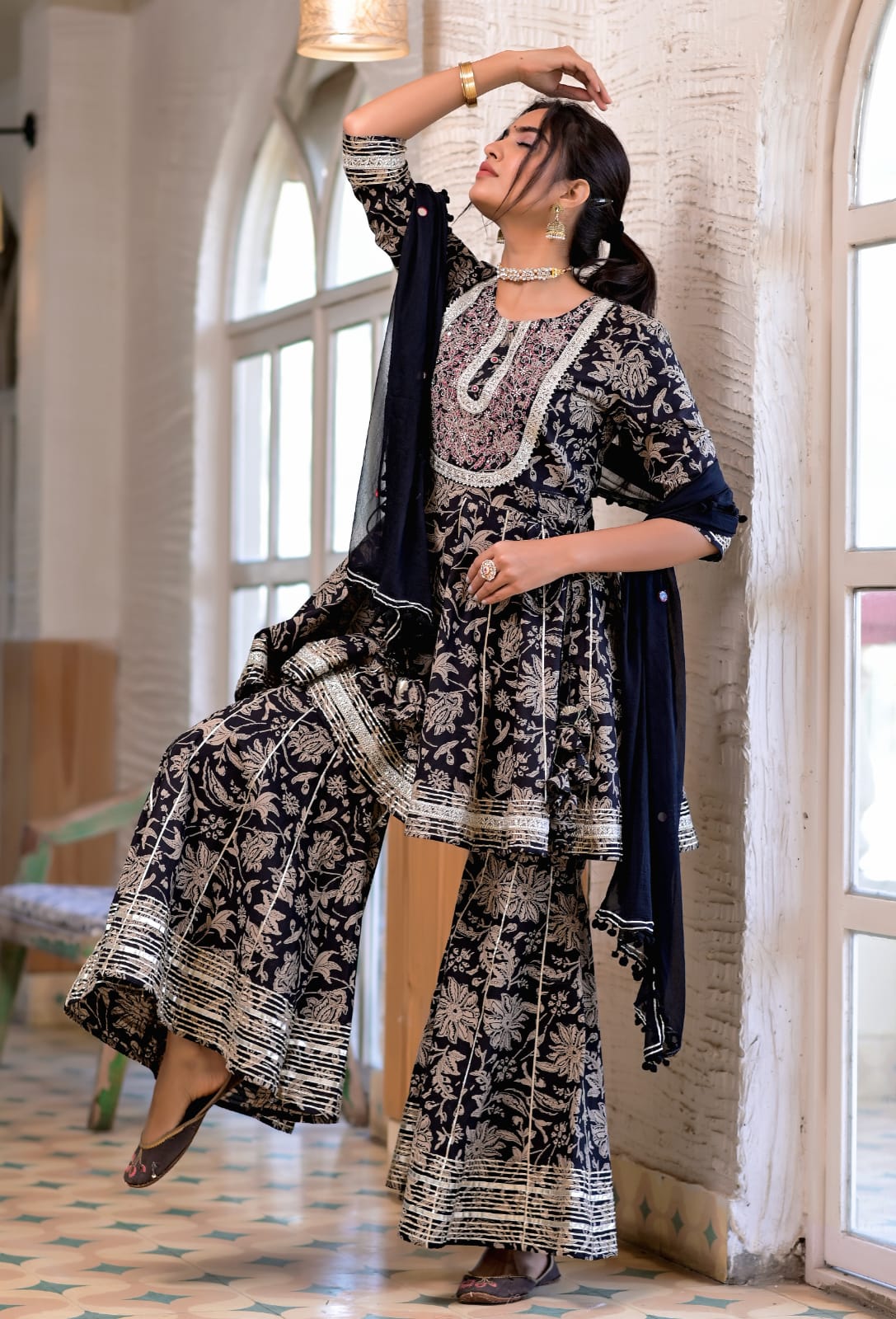 Premium cotton anarkali Gown with lining inside in beautiful schiffli pattern with mirror work.. Paired up with beautiful bandhni colourful dupatta