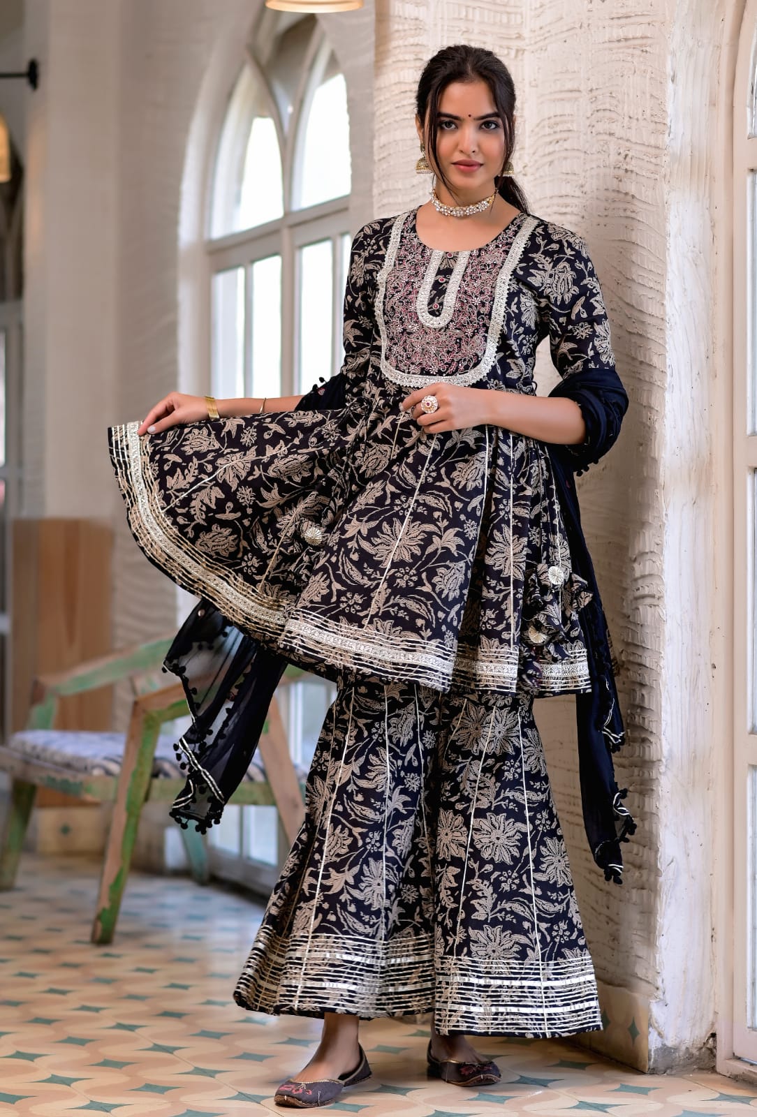 Premium cotton anarkali Gown with lining inside in beautiful schiffli pattern with mirror work.. Paired up with beautiful bandhni colourful dupatta