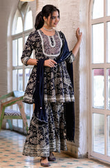 Premium cotton anarkali Gown with lining inside in beautiful schiffli pattern with mirror work.. Paired up with beautiful bandhni colourful dupatta