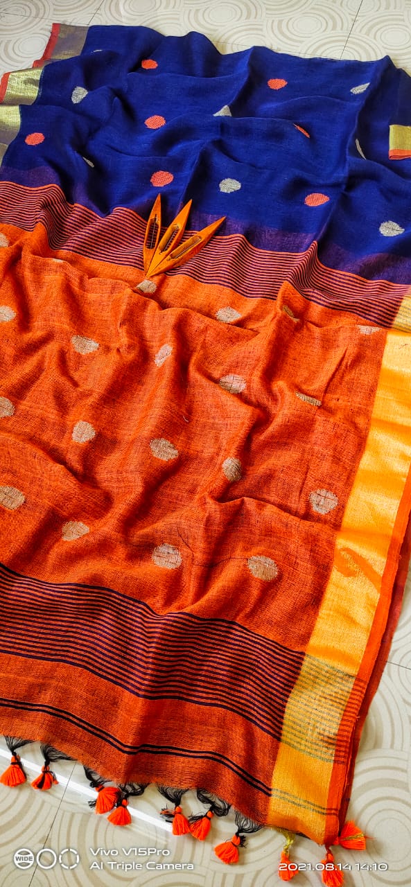 ▪️Handloom linen Saree  ▪️Linen by linen Ball Butta Work  ▪️Best quality assured  ▪️With blouse piece attached