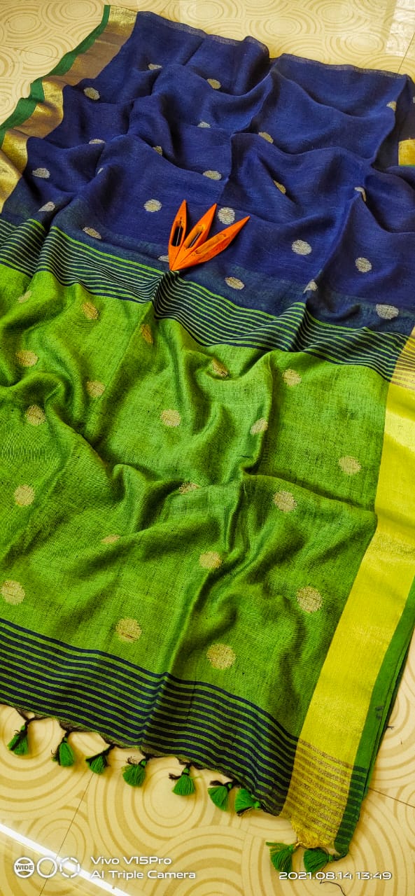 ▪️Handloom linen Saree  ▪️Linen by linen Ball Butta Work  ▪️Best quality assured  ▪️With blouse piece attached