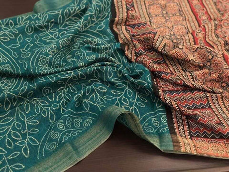 Soft muga cochin silk saree with ajrak printed pallu and blouse and printed body.*