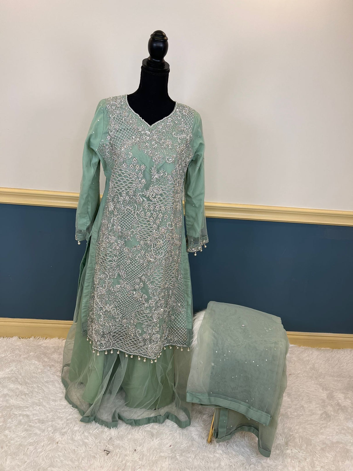 Pakistani orginal full  zardosi work boutique dress with gharara pant-100% original guaranteed