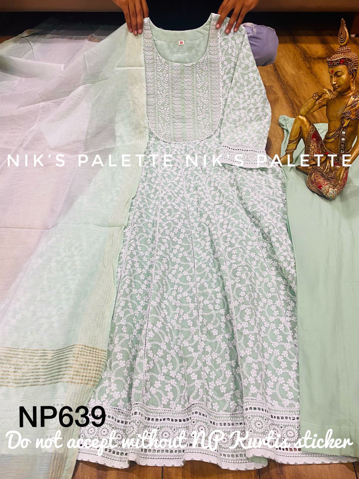 Premium Heavy Cotton Anarkali with All Over Chikankari, Schifli on both sides &  Attached Mul-Cotton lining.  Premium Cotton pant with chanderi  Silk shaded Dupatta