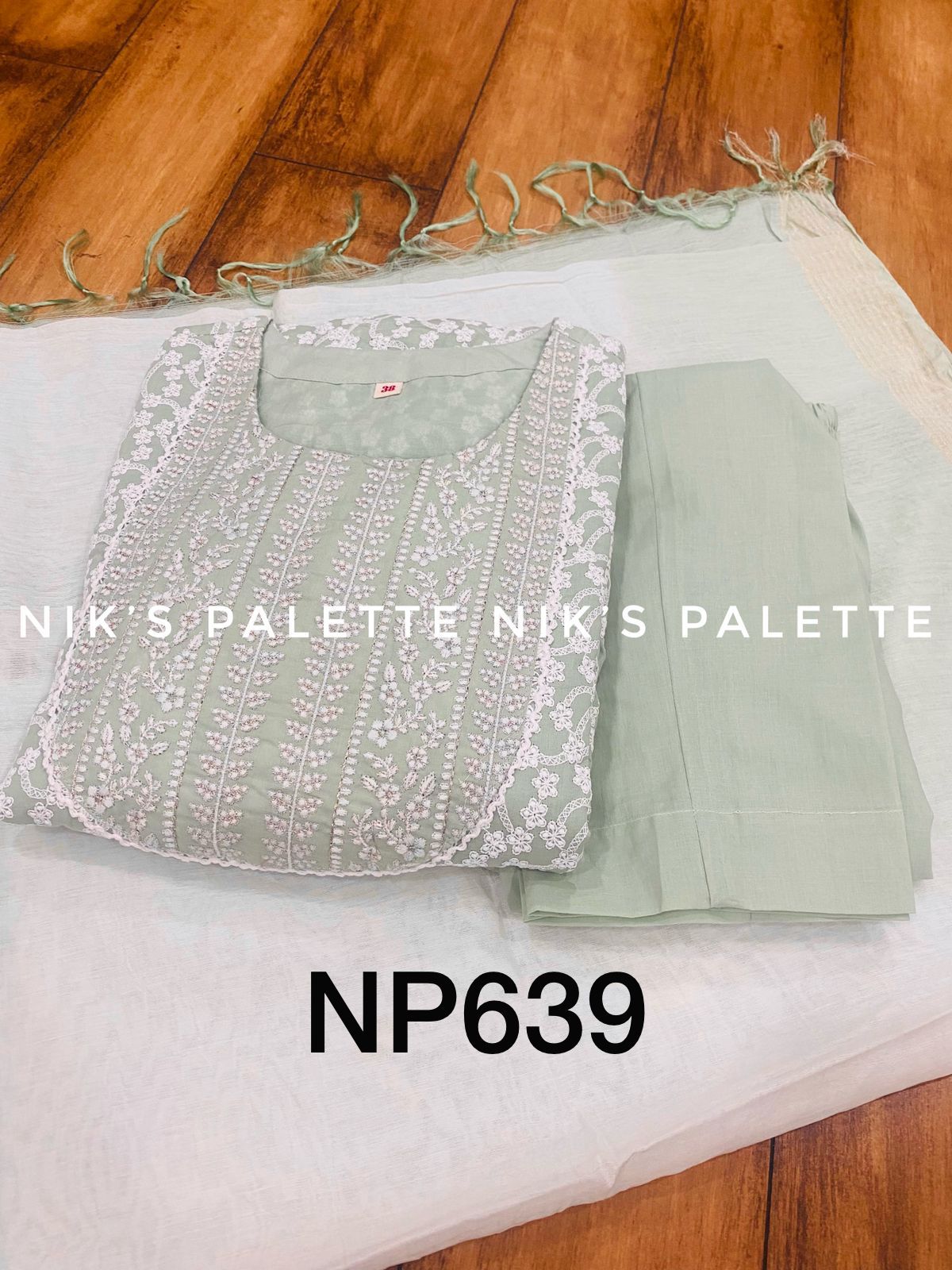 Premium Heavy Cotton Anarkali with All Over Chikankari, Schifli on both sides &  Attached Mul-Cotton lining.  Premium Cotton pant with chanderi  Silk shaded Dupatta