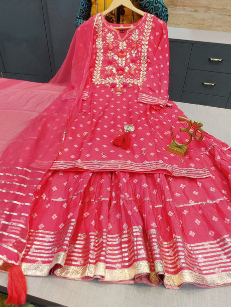 Original Delhi Boutique Premium kalamkari print corton anarkali gown detailed with beautiful mirror work & heavy gota work all over paired with cotton pant & mal cotton duppata