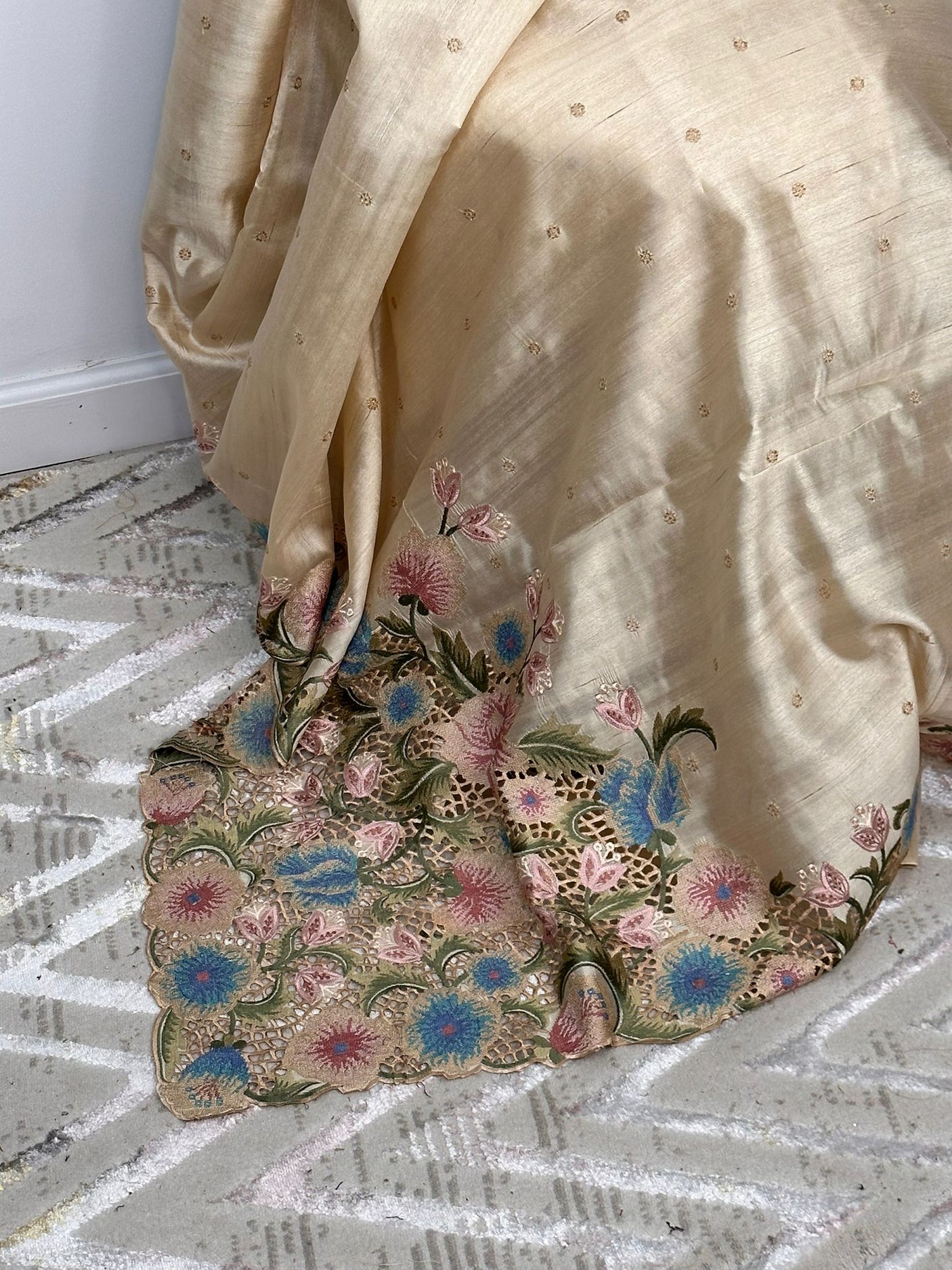 Pure silk cutwork saree with running blouse