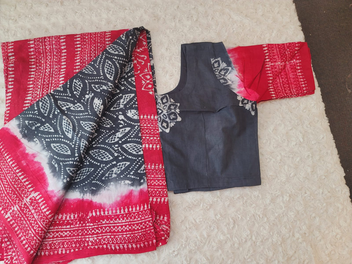 Cotton batik saree with stiched blouse