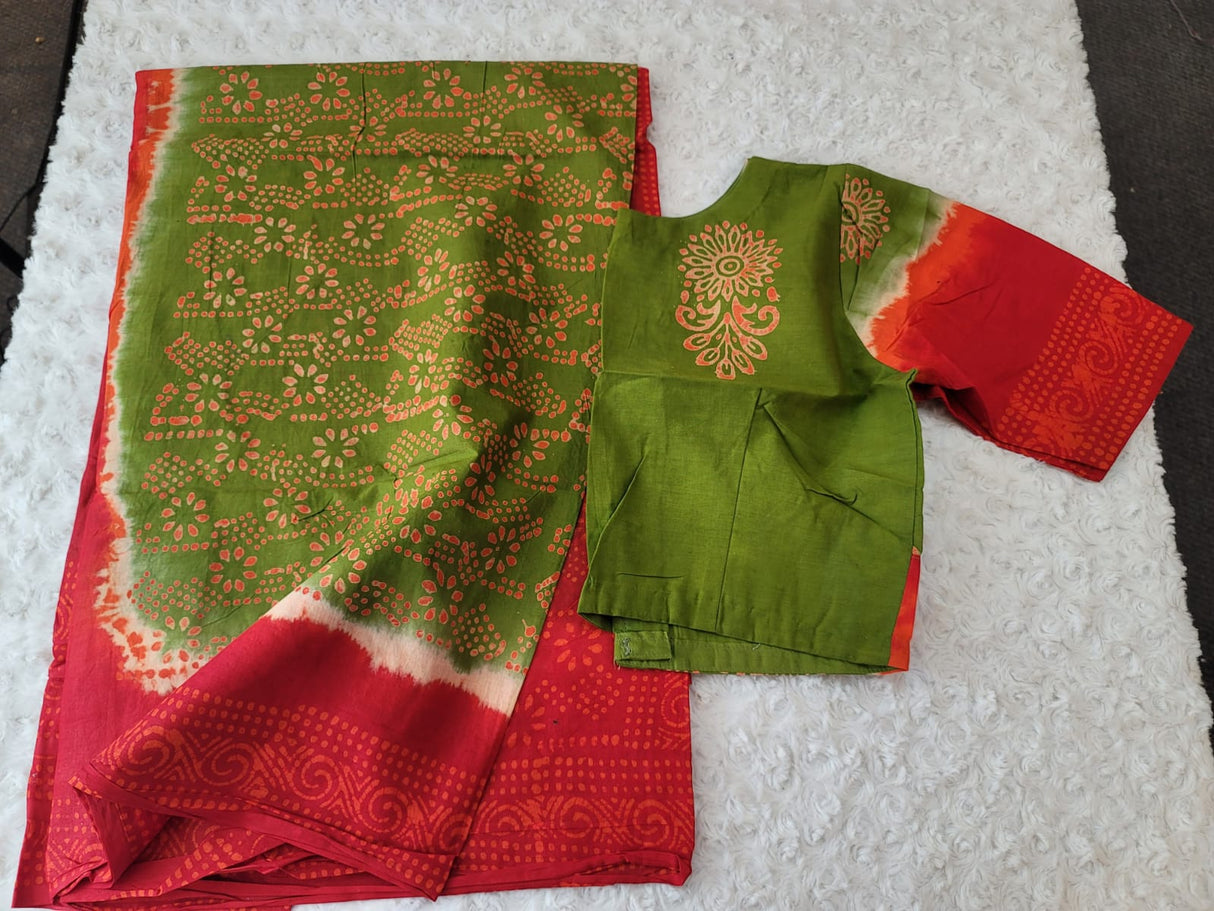 Cotton batik saree with stiched blouse