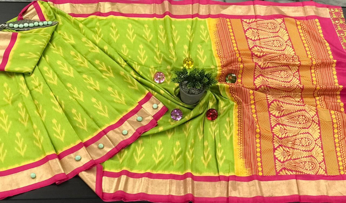 Super soft Kotki Ikkat printed Rajkot silk sarees with Foil printed border and a gorgeous pallu & printed running blouse pc