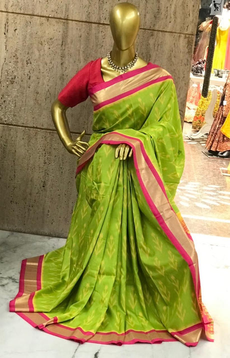 Super soft Kotki Ikkat printed Rajkot silk sarees with Foil printed border and a gorgeous pallu & printed running blouse pc