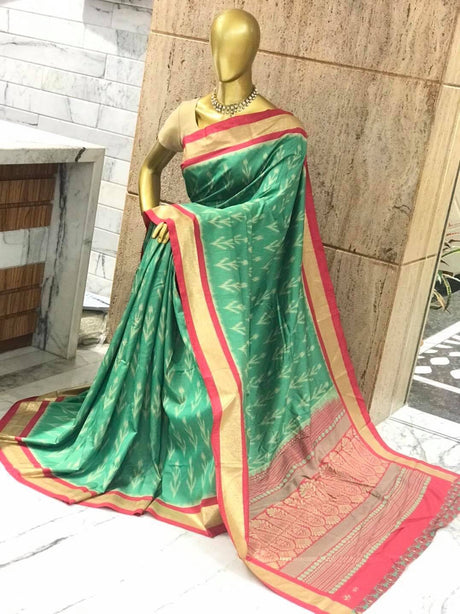 Super soft Kotki Ikkat printed Rajkot silk sarees with Foil printed border and a gorgeous pallu & printed running blouse pc