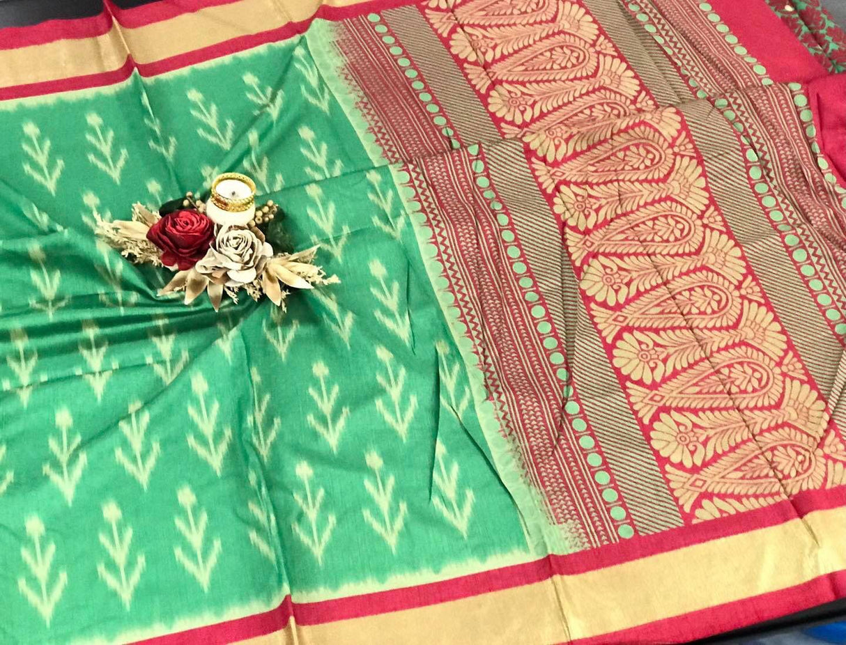 Super soft Kotki Ikkat printed Rajkot silk sarees with Foil printed border and a gorgeous pallu & printed running blouse pc