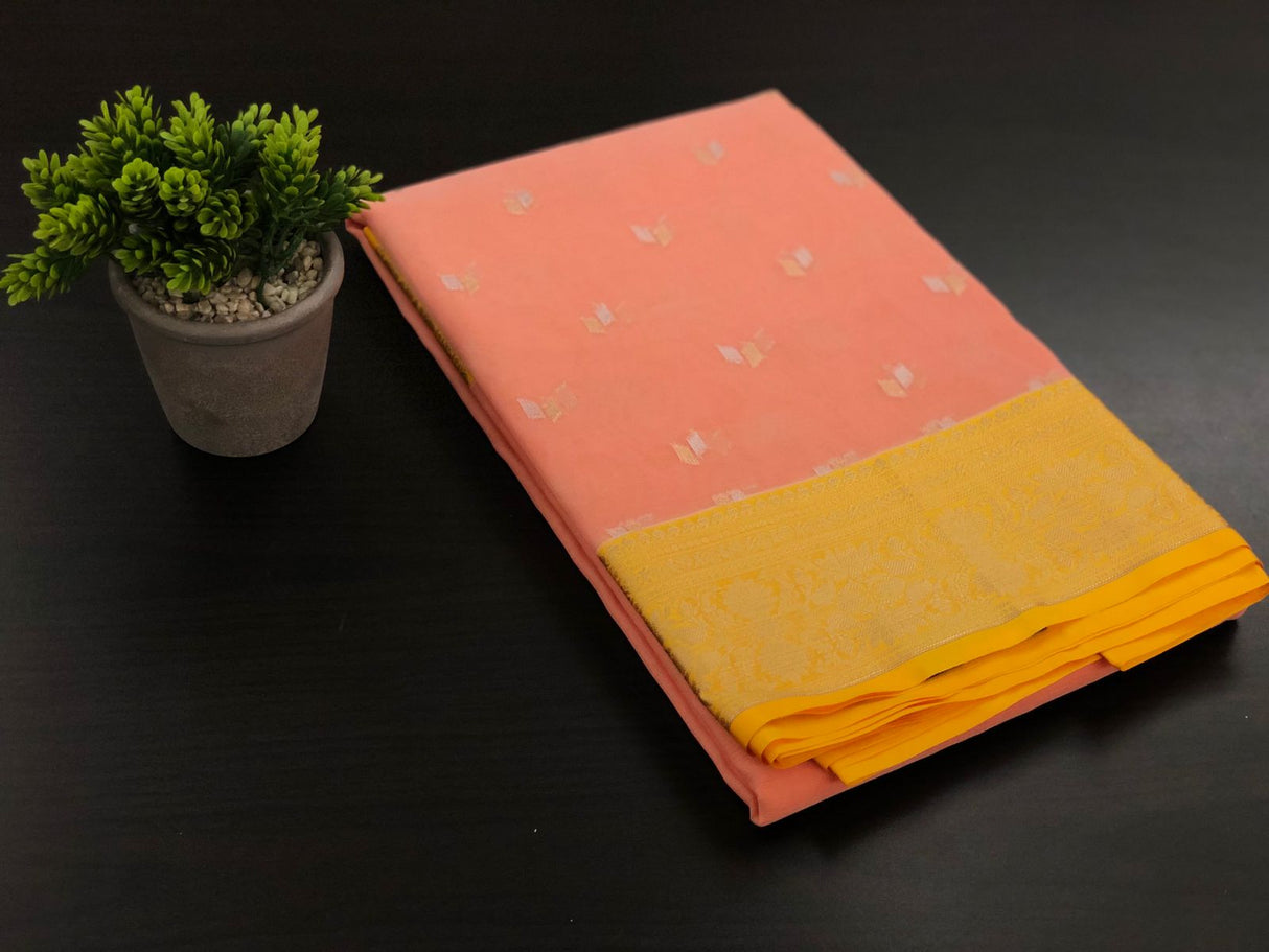 Perfect Traditional Sarees in Soft Pastel Hues! Pure Kora Muslin Saree with Sacha 140 Counts Silver and Olden Zari Weaved Buttas with Royal Rajwada Border and Aanchal