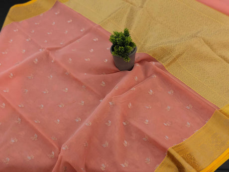 Perfect Traditional Sarees in Soft Pastel Hues! Pure Kora Muslin Saree with Sacha 140 Counts Silver and Olden Zari Weaved Buttas with Royal Rajwada Border and Aanchal